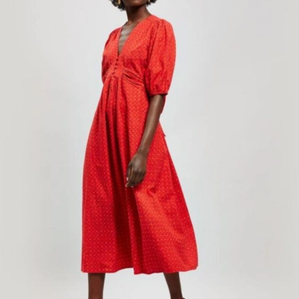 Red Midi Dress with V-Neck and Puff Sleeves
